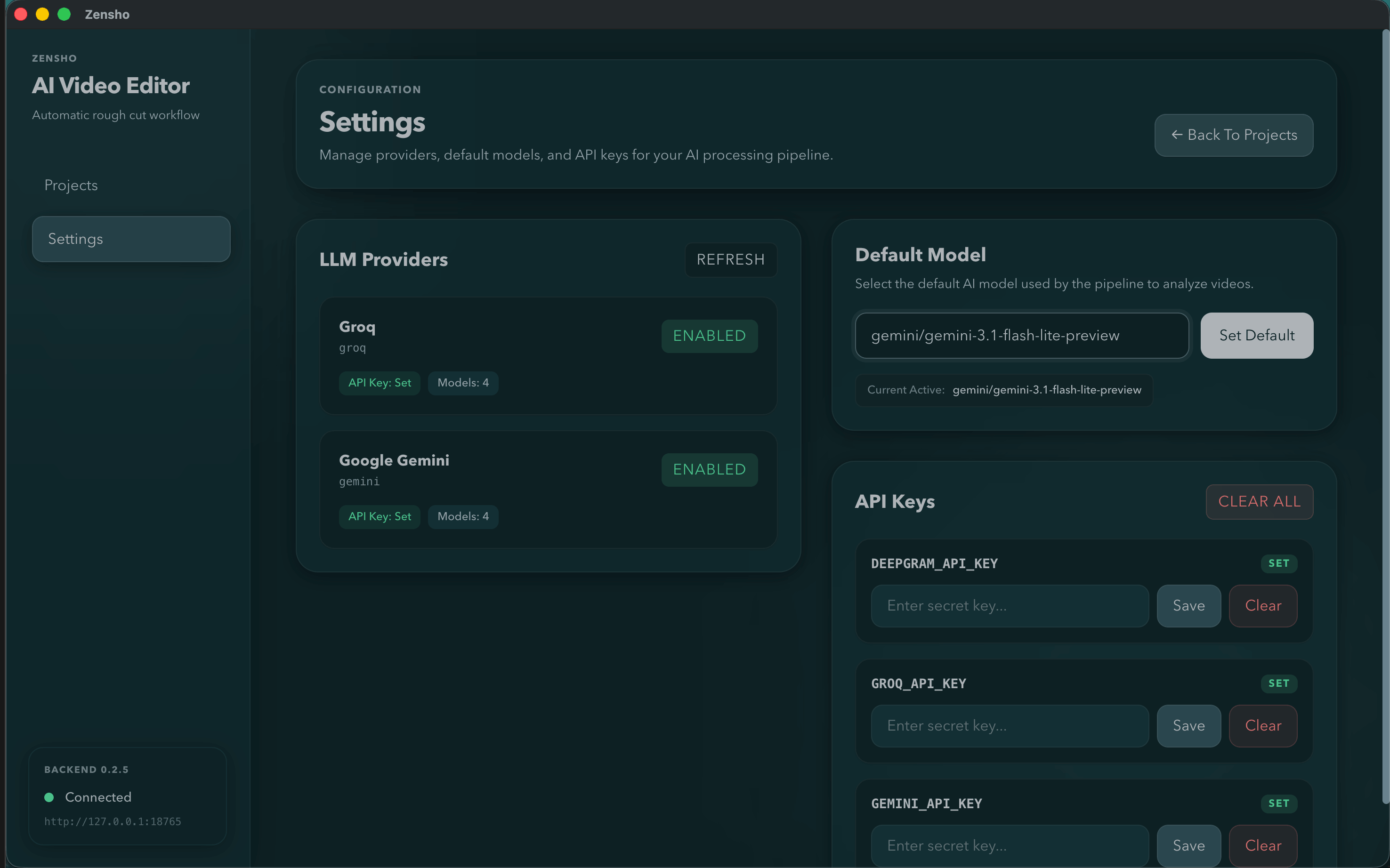 Zensho settings panel